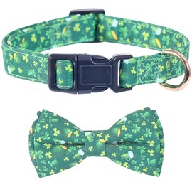St.Patrick's Day Dog Collar with Removable Cute Bow Tie Lucky Clover Shamrock Adjustable Pet Collars Medium