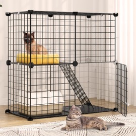 YITAHOME 2 Tier Large Indoor Cat Cage Crate, DIY Pet Playpen with Detachable Metal Wire, Kitten Kennel Condo with Ladder for Small Animals - Puppy Rabbit Bunny Squirrel, Black