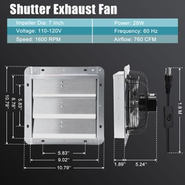 Criditpid 7 Inch Shutter Exhaust Fan, Wall Mounted Vent Fan for Greenhouse, Shed, Garages, Basement, Shop, Chicken Coop, 760 CFM High Speed Exhaust Fan with Speed Controller and 1.8M Power Cord Kit