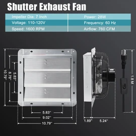 Criditpid 7 Inch Shutter Exhaust Fan, Wall Mounted Vent Fan for Greenhouse, Shed, Garages, Basement, Shop, Chicken Coop, 760 CFM High Speed Exhaust Fan with Speed Controller and 1.8M Power Cord Kit