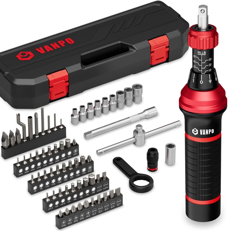 VANPO Torque Screwdriver Set, 10–60 in-lb, 64 Pcs 1/4" Drive