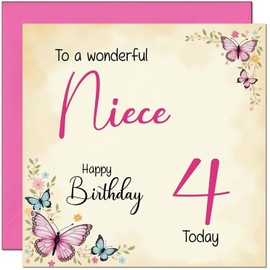 4th Niece Birthday Card - Beautiful Butterfly Floral Nieces Birthday Card for 4 Year old Kids four, fourth