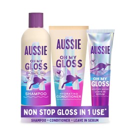 Aussie Oh My Gloss Shampoo & Conditioner Set + Leave in Serum Hair Treatment (300/200/160ml). Moisture & Shine Booster for Dull Hair, with Jojoba, Safflower & Macadamia Nut Oils. Vegan, Cruelty-Free