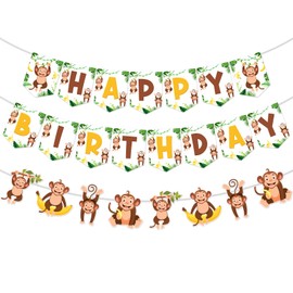 Fangleland Monkey Birthday Banner Garland Decorations Set, Monkey Themed Happy Birthday Banner 1st 2nd 3rd Bday Party Supplies Hanging Decors for Boys