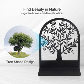 Metal Bookend, Tree of Life bookend for Shelves, Home Decorative Bookends for Heavy Books, Black Non-Skid Book Stopper, 7 x 5.5 x 3.5 inch (1 Pair)
