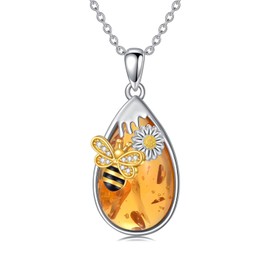 LONAGO Amber Honey Bee Necklace Silver Daisy Bee Pendant Necklace Amber Drop Necklace Gift for Women