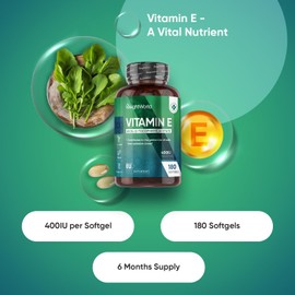 Vitamin E 400IU (Advised Intake) | 180 Vegan VIT E Oil Softgels | 6 Months Supply | Vitamin E Supplement | Natural Alpha Tocopheryl Acetate | Gluten Free & Non-GMO | 1 Softgel a Day