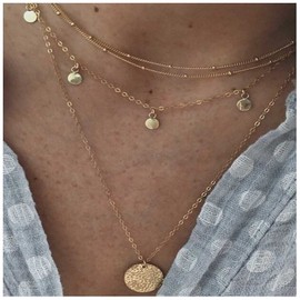 Allereya Layered Coin Disc Chain Necklace Gold Sequins Dangle choker Hammered Coin Vintage Disc Pendant Necklace Thin Satellite Chain Necklace Jewelry for women and Girls
