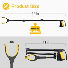 44 Inch Extra Long Grabber Reacher Tool，Foldable Trash Pick Up Stick for Seniors with Strong Grip Magnetic，360°Rotating Anti-Slip Jaw 4" Wide Claw Opening,Hand Grabber for Reaching
