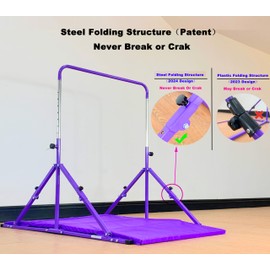 MARFULA Foldable Gymnastic Bar for Kids Ages 3-12, 9 Height Levels, 200 lbs Weight Capacity, 5 Ft Length Gymnastic Kip Bar with Mat, Gymnastic Equipment for Home and Gym Center Indoor Outdoor Use