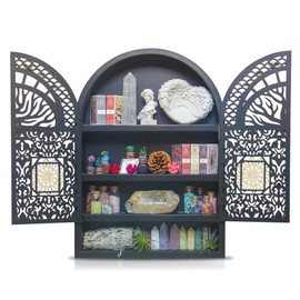 FNYDOX Large Crystal Display Shelf for Wall, Crescent Moon Phase Shelf Wall Decor, Wooden Arch Shelf, Tree of Life Crystal Holder Organizer, Cabinet for Gem Stone Rock, Spiritual Home Room Decor