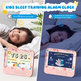 Children Alarm Clock with Large Numbers - Easy-Read Kids Learning Clock for Bedroom or Nursery, Colourful Cartoon Bedside Clock, Digital, 7 Inch (Pink+Blue)