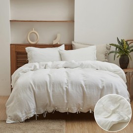 Simple&Opulence 100% Linen Duvet Cover Set 3pcs with Bowknot Ties Closure Natural French Washed Flax Solid Color Soft Breathable Farmhouse Bedding - White, Queen Size
