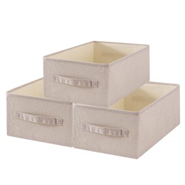 EITMOW 3 Pack Open Collapsible Fabric Storage Bins for Shelves, Large Linen Storage Baskets with Handles, Washable Closet Organizers for Clothes, Towels & More (Beige, 3PCS/16*9.4*6.7)