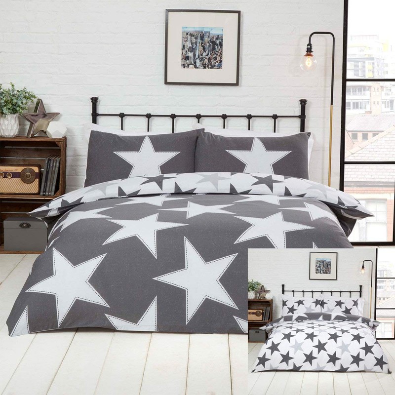 Rapport Stars Reversible Duvet Cover Bed Set, Polycotton Grey, Single