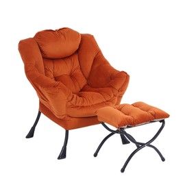 LITA Lazy Chair with Ottoman, Modern Lounge Accent Chair with Armrests and a Side Pocket, Leisure Upholstered Sofa Chair Set, Reading Chair with Footrest for Small Space, Corner Chair,Orange