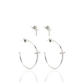 JIBSA Cross Post and Hoop Earrings with Cubic Zirconia Accents 2Pair Set for Women (White Gold)