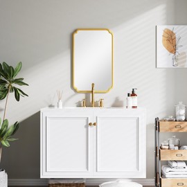 Ferytange 22x34 Inch Gold Bathroom Mirror, Metal Framed Wall Mirror with Rounded Edges, Rustproof Horizontal Vertical Hanging for Vanity Over Sink