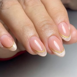 French Tip Press on Nails Medium Almond Fake Nails Shining Tip False Nails with Gold Line Designs Nude Pink Glue on Nails Summer Stick on Nails Full Cover Cute Acrylic Nails Glossy Artificial Nails