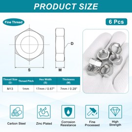 PATIKIL M13x1x7mm Steel Hex Nuts, 6Pcs Metric Fine Thread Carbon Steel Zinc Plated Finished Hardware Screw Nuts Fasteners for Machinery Manufacturing, Industrial Use, 17mm Width