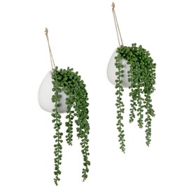 MyGift Artificial String of Pearls Plants in White Ceramic Wall-Hanging Planters, Set of 2