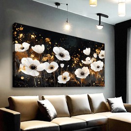 Modern White Poppies Canvas Wall Art for Bedroom Office Home Decor Black and Gold Floral Print Wall Decoration Large Living Room Decor Framed 24"x48" Ready to Hang