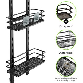 Orimade Adjustable Hanging Over the Shower Door Caddy with Hooks, Bathroom Organizer Shelf Storage Rack,No Drilling Rustproof Shower Basket for Inside Shower, Matt Black 3 Tier