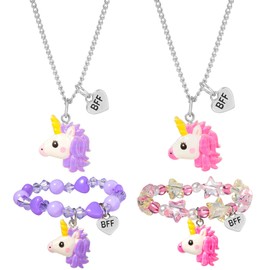 PinkSheep BFF Necklaces and Bracelet for 2, Butterfly Unicorn Princess Friendship Necklace for Teen Girls Best Friend Birthday Gift (Unicorn)