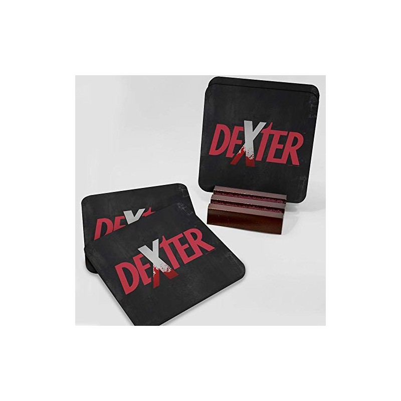 Dexter Splatter Logo Hardwood Coaster with Mahogany Holder - Set