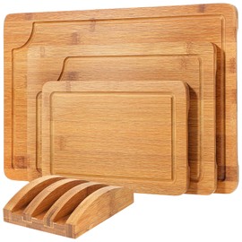 3-Piece Wood Cutting Board Set - Solid Bamboo Wood Cutting Board for Kitchen with Holder, Durable Wooden Chopping Boards Set of 3 for Meat, Vegetables and Fruits (15x10, 10x8, 9x6 inch)