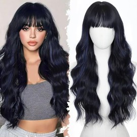 Pelucas con flequillo, peluca larga rizada para mujer, 26 pulgadas, cabello sintético (negro/azul mezclado)