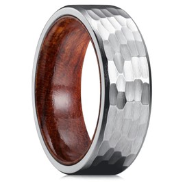 King Will 8mm Silver Hammered Titanium Ring Inlaid Wood Inner Hole Wedding Band for Men Matte Brushed Comfort Fit 14