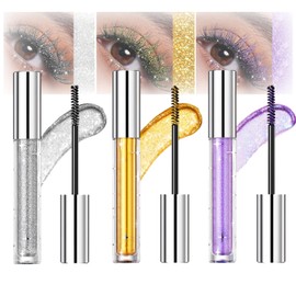 Glitter Mascara Set - Waterproof Long-Lasting Sparkling Diamond Eyelash Makeup Kit in Gold, Silver, and Purple for Parties, Christmas - 3Pcs