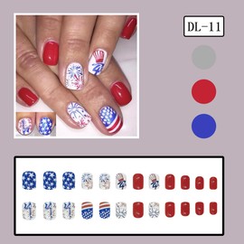 24Pcs Independence Day Press on Nails Short Square 4th of July Fake Nails with Fireworks American Flag Design Red Blue Glue on Nails Patriotic False Nails for Women 4th of July Nails DIY Nails Salon