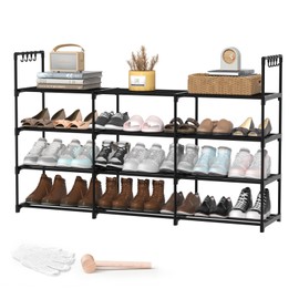 DYJIEKAI 3-Row 4-Tier Shoe Rack, Black Metal Shoe Racks, Stackable Shoe Shelf with Multifunctional Hooks, Hold 24-30 Pairs, Space Saving Shoe Rack, Shoes Rack for Closet,Show Rack