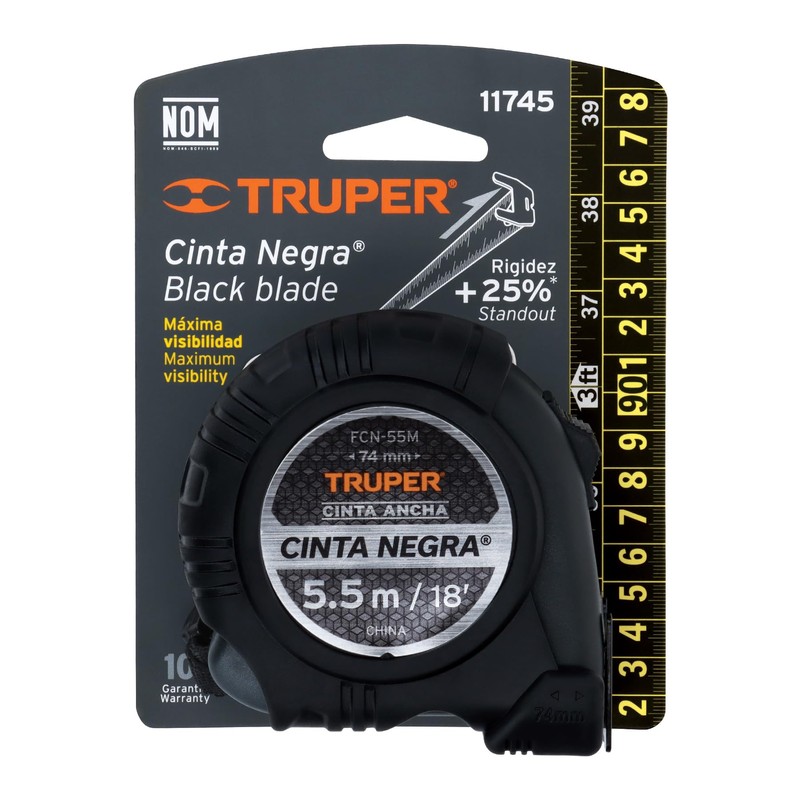 Truper FCN-55M, Flexómetro contra impactos 5.5 m, Cinta Negra 25