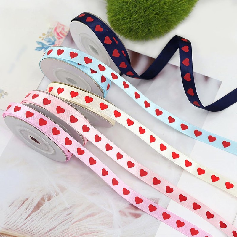 JIHUOO Satinband mit rotem Herzmotiv, 2 Rollen, 1 cm x