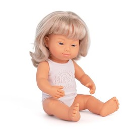 Miniland Doll 15'' Caucasian Blonde Girl with Down Syndrome (Box) - Made in Spain, Anatomically Correct, Quality