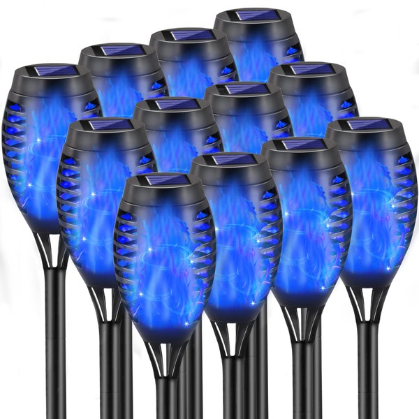 COCOMOX Outdoor Solar Lights Blue, 12 Pack Solar Torch Lights with Flickering Flame Waterproof Mini Tiki Torches for Landscape Garden Pathway Dusk to Dawn Auto On/Off