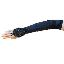 ZAZA BRIDAL Gathered Satin Fingerless Gloves w/Floral Embroidery Lace & Sequins-Black