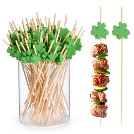 JtmyAota 100 Pack Green Leaf Cocktail Picks, 4.7 Inch Bamboo Toothpicks Party Food Decorative Cocktail Spears Skewers for Summer Spring Holiday Birthday Party Decoration (Clover Leaf)