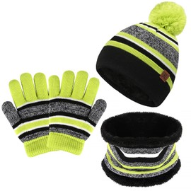Kids Toddlers Winter Knit Warm Beanie Hat Scarf Gloves Set for Boys Girls Age 2-7, Pompom Cap Neck Warmer Gloves Fleece Lined