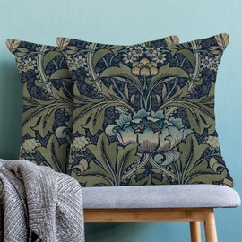 BETGINY Vintage Floral Boho Pillow Covers 18x18 Inch 2 Pcs, Navy Blue Green William Morris Flower Decorative Throw Pillows,Rustic Botanical Outdoor Decor Pillowcase Linen Cushion Cover for Couch Sofa
