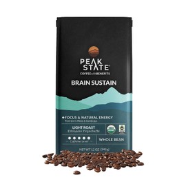 Peak State Brain Sustain Coffee with Benefits, Light Roast – Mushroom Coffee, Low Acid & Smooth, Sweet Citrus & Lemon, Organic Whole Bean, Gluten Free, 12 oz. Each