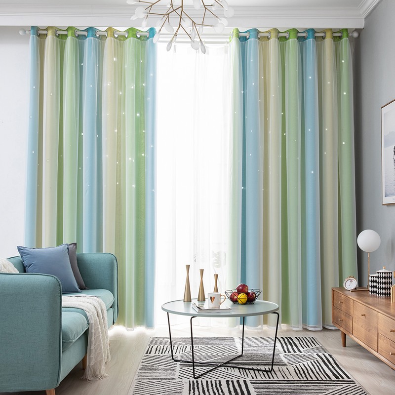 2pc Curtain Simple Gradient Hollow-out Star Pattern Double Layer Blackout
