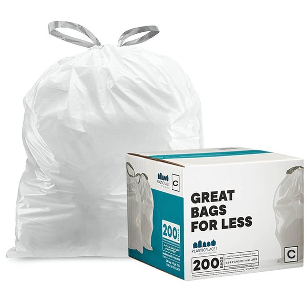 Plasticplace Trash Bags simplehuman (x) Code C White Drawstring Compatible Garbage Liners 2.6-3.2 Gallon / 10-12 Liter 14.75" x 20" (200 Count)