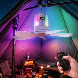 Tent Fan with RGB Lights, 15.75" Portable Ceiling Fan for Camping Hanging with Warm/White Lights Remote, Rechargeable Battery Operated Ceiling Fan, Camping Fans for Tents Beach Travel Canopy Outdoor