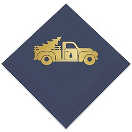 Weddingstar 3-Ply Christmas Designs Gold Foil Cocktail Napkins Navy - Christmas Truck