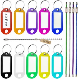 NAUWER 40 Pack Key Tags, 10 Colors Key Labels, Comes with 10 Ball Chains and 4 Cable Key Rings for Home, Office Key Management.