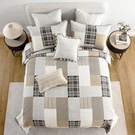 CozyStitch Plaid King Quilt - 100% Cotton King Comforter Set, Farmhouse Geometric King Quilt Bedding Set, Lightweight Soft Quilted Bedspread, Kahki/Cream/Gray/Black